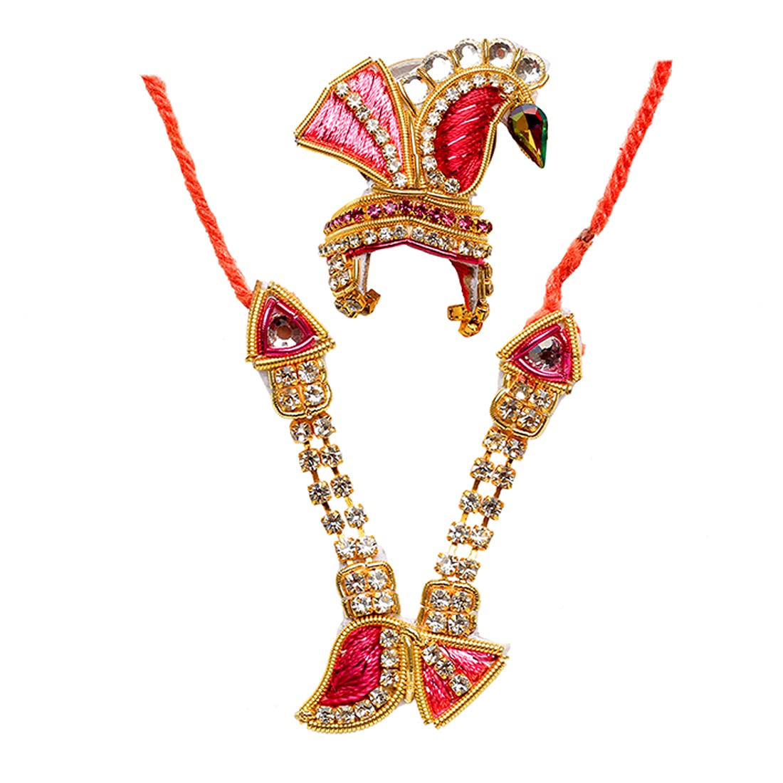 Aditri Creations Mala Mukut Set for Laddu Gopal/Devi Maa/Radha Krishna/Indian God Goddess Haar Sringar set Deities jewellary Set for all God Idol statue Jewel Decor(Size:- 3, Color :- Pink & Golden)