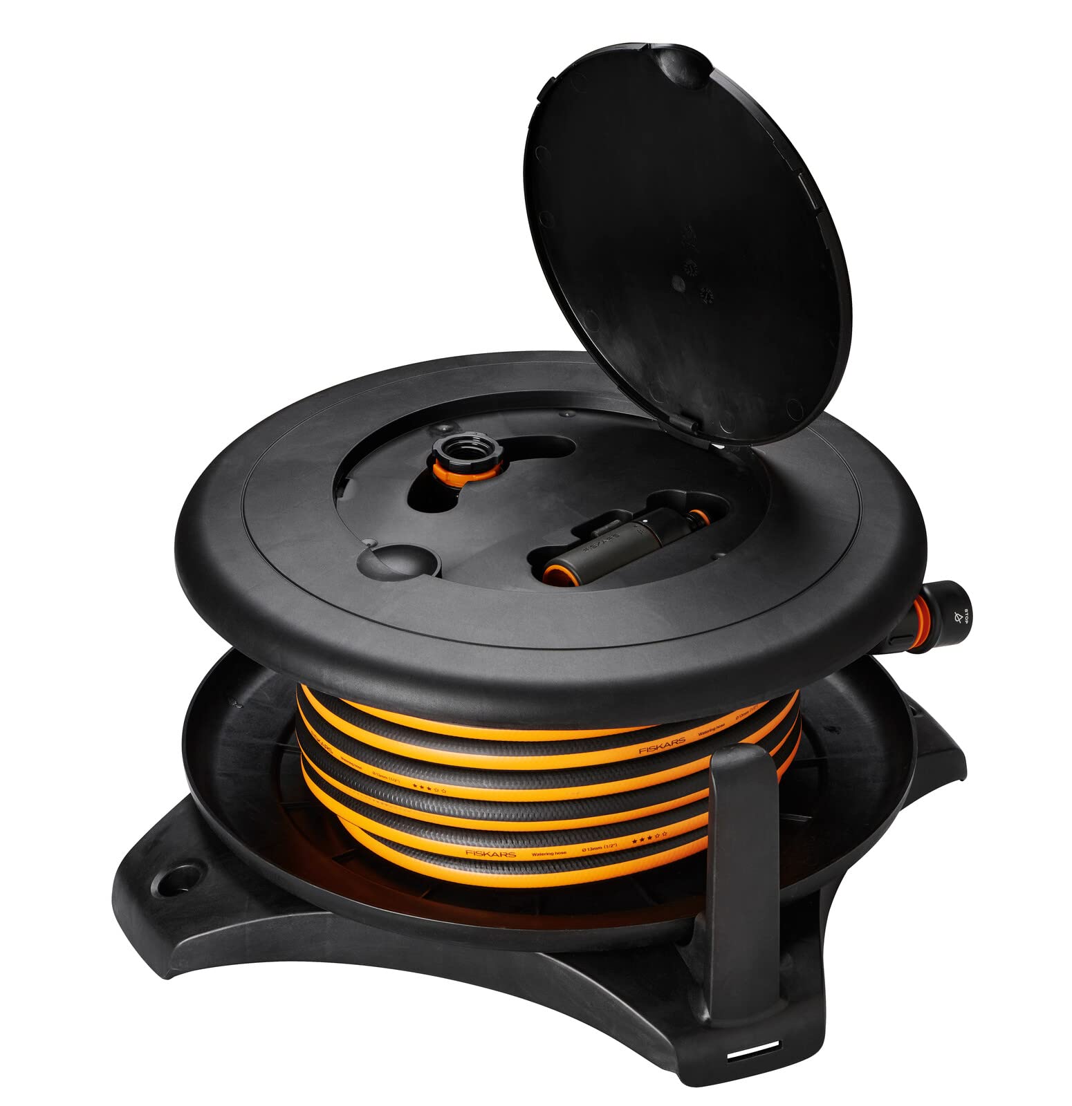 Fiskars Waterwheel L, Bewässerungs-Set, Gartenschlauch in Universalgröße (Ø 13 mm), Universal-Schlauchanschluss (Ø 13-15 mm), Universal-Hahnverbinder, Schlauchdüse, Schwarz/Orange/Blau, L