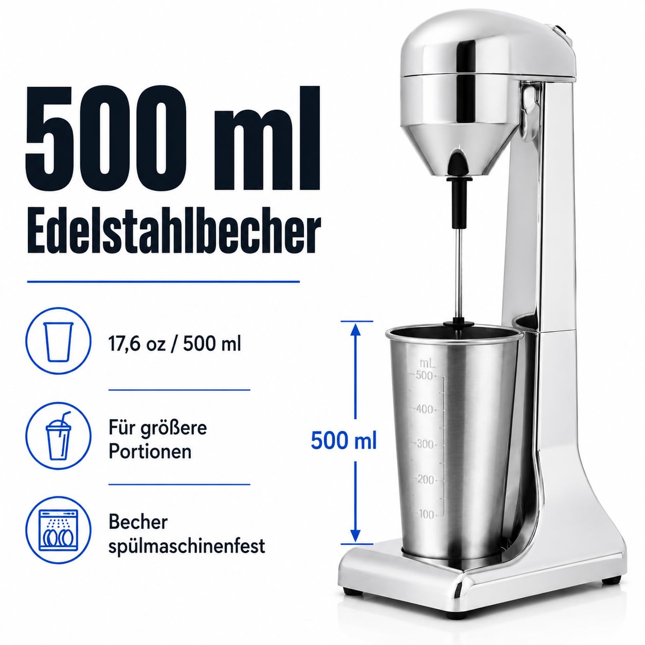Frappe Mixer, Eiweiß Shaker Elektrisch mit 2 Geschwindigkeitsstufen Standmixer mit 1 Becher, Edelstahl Milchshake Mixer für cremige Milkshakes, Eiweißshakes, Cocktails, Frappes oder Smoothies