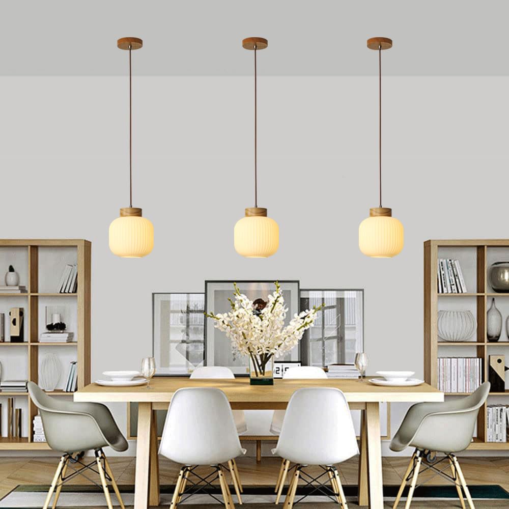 Lampada a sospensione cilindrica bianca da 7,8 pollici, paralume in vetro a strisce con lampada a decorata in legno, lampadario a soffitto in stile fattoria