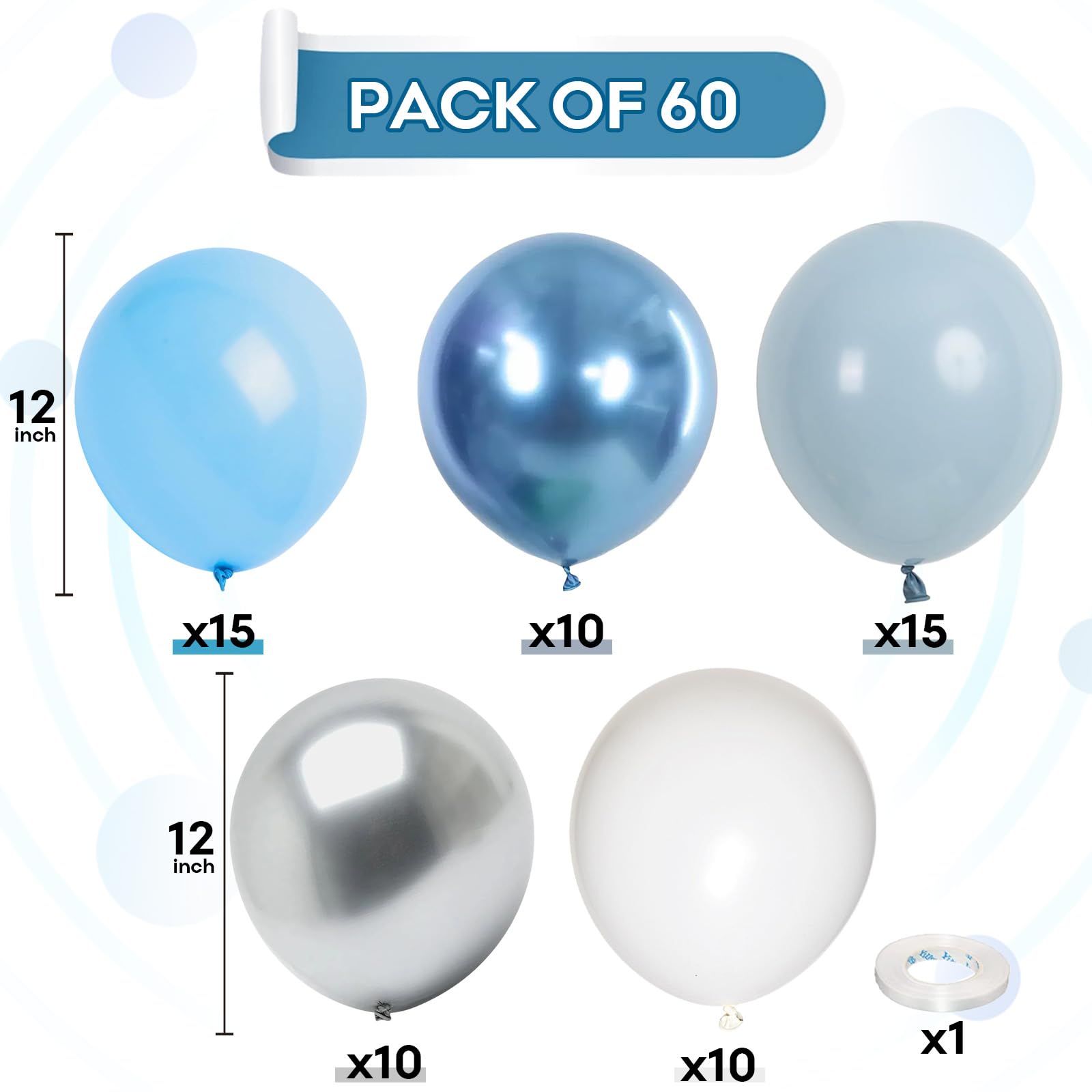 60 Pcs Baby Blue and Silver Balloons, 12 Inch Light Blue Dusty Pale Blue White Latex Balloons with Chrome Metallic Silver Party Balloons for Boys Baby Shower Baptism Winter Birthday Party Decorations