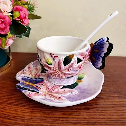 Miniatura 2 de Juego de tazas de café pequeñas de cerámica y platillo, 3D hecho a mano y pintado a mano con diseño de lirio rosa y mariposa, regalos de cumpleaños