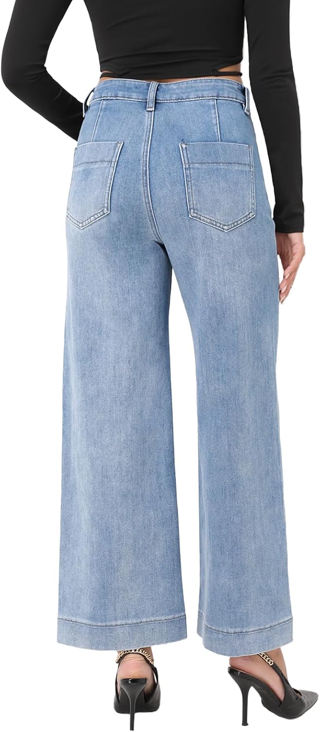 Straight Leg Jeans for Women Mid Waisted Stretchy Loose Trendy Denim Pants with Pockets - Image 2