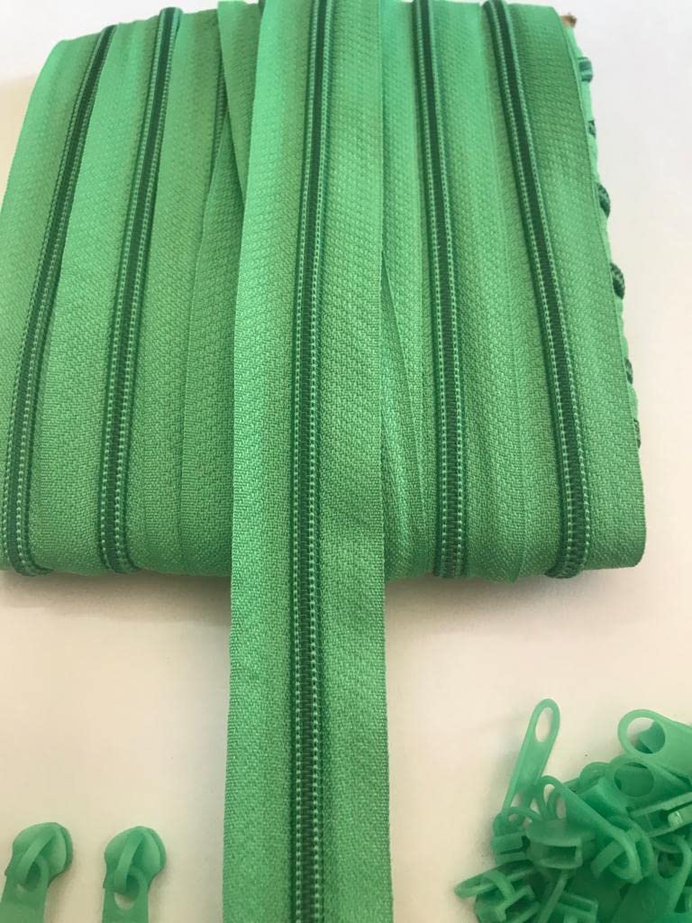 SoftSwiss Zipper #5, Roll 5 Meter, with 25 Plastic Zip Puller for Tailoring/Stitching/Sewing/Home Furnishing and Bags (5 Meter Roll) Green