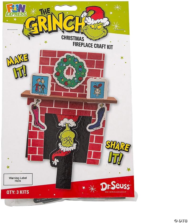 Charming Dr. Seuss The Grinch Fireplace Craft Kit - 6" x 8.25" (6 Packs of 3 Sets Each) - Great Activities for School Christmas Parties, Holiday Events, and Mall Stations