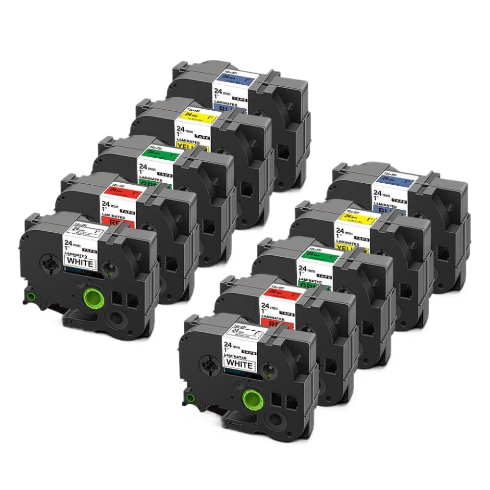 Paquete de 10 Cintas de Etiquetas laminadas de 24mm, Negro sobre Blanco, Compatible con Cinta de Impresora 251 para rotuladora(Multiple Color)
