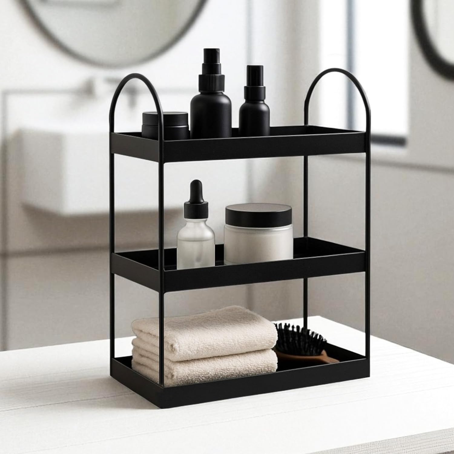 Go Hooked 3 Tier Curved Metal Vanity Organizer – 45cm Tall Countertop Storage Rack for Bathroom, Dressing Table & Desk | Powder Coated Rust-Resist Iron | Freestanding Space-Saving Shelf (Black)