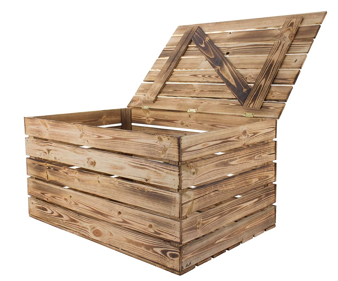 Holztruhe mit Deckel Truhe Couchtisch im Landhausstil, Stauraum für Decken, Kissen im Schlafzimmer (80x50x39cm groß geflammt)