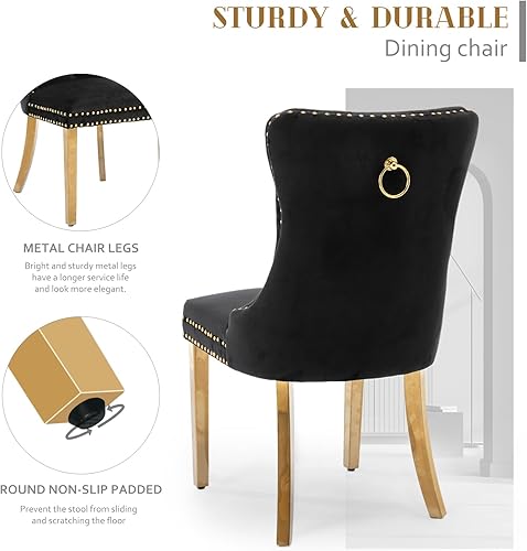 Miniatura 6 de SoarFlash Juego de 6 sillas de comedor de terciopelo, sillas de comedor tapizadas con ribete de cabeza de clavo y patas chapadas en oro sólido para
