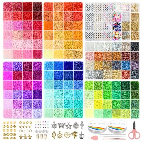 Redtwo 3mm 45000pcs Glass Seed Beads Kit 7 Boxes 144 Colors Small Beads for Bracelets Friendship Bracelet Kit with Charms and Letters