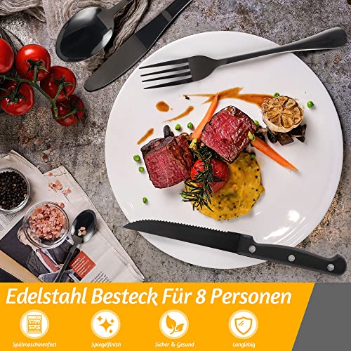 Foto von Schwarz Besteck Set 8 Personen, 48-teiliges Edelstahl Besteckset mit Steakmesser, Essbesteck mit Gabeln Messer Löffel für Heim Restaurant, Spülmaschinenfest