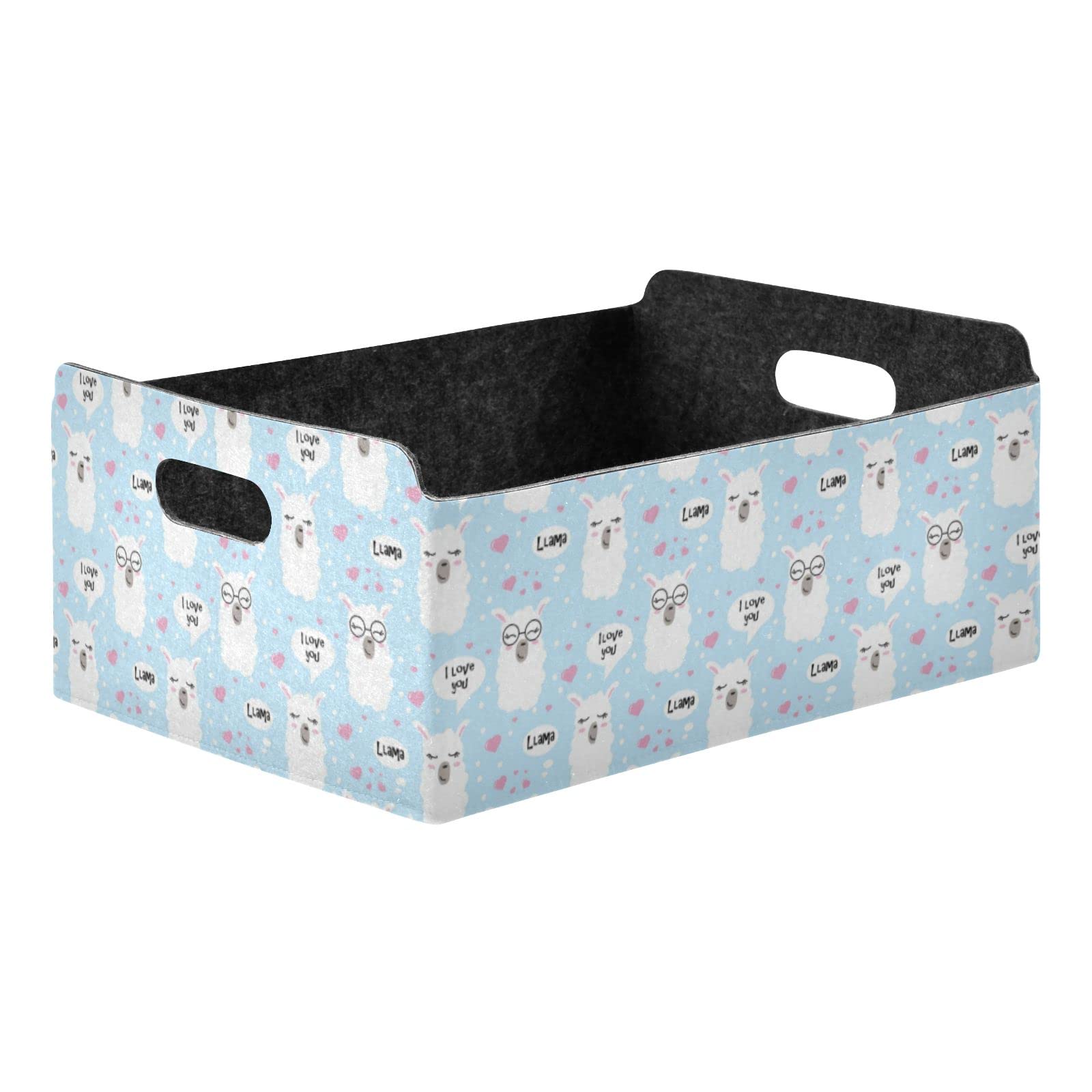 Oyihfvs Seamless White Lama Faces with Sunglasses, Pink Hearts, on Blue Rectangle Foldable Felt Storage Bin, Collapsible Cube with Handles Thick Fabric Box Organizer Clothes Supplies for Home Bedroom
