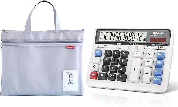 Desktop Calculator and Mesh Zipper Waterproof Pouch Bundle, 12-Digit Battery Solar Powered LCD Display Big Button Calculator, 11x13.7in Large Double Pocket Waterproof File Bag with Handle