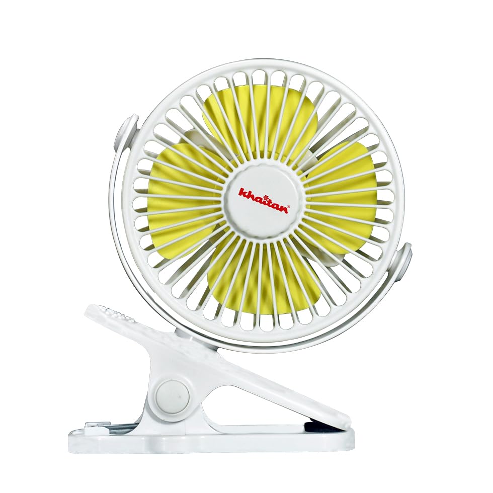 Khaitan Chotu Mini Fan 100mm | USB Charging Fan | Multi-Clip | Rechargeable Fan| Battery Fan| 5-Hr Backup| Silent Operation| Longer Battery Life| Portable Fan| All Purpose Fan (White & Yellow) (B0D2RKPKHD) Amazon Price History, Amazon Price Tracker