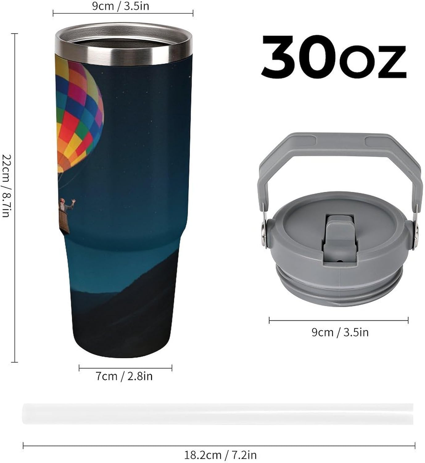 30 Oz Insulated Mug with Handle Lid And Straw Starry Sky Hot Air Balloon Pattern Large Metal Sports Bottle Great for Gifts Parties Office Coffee