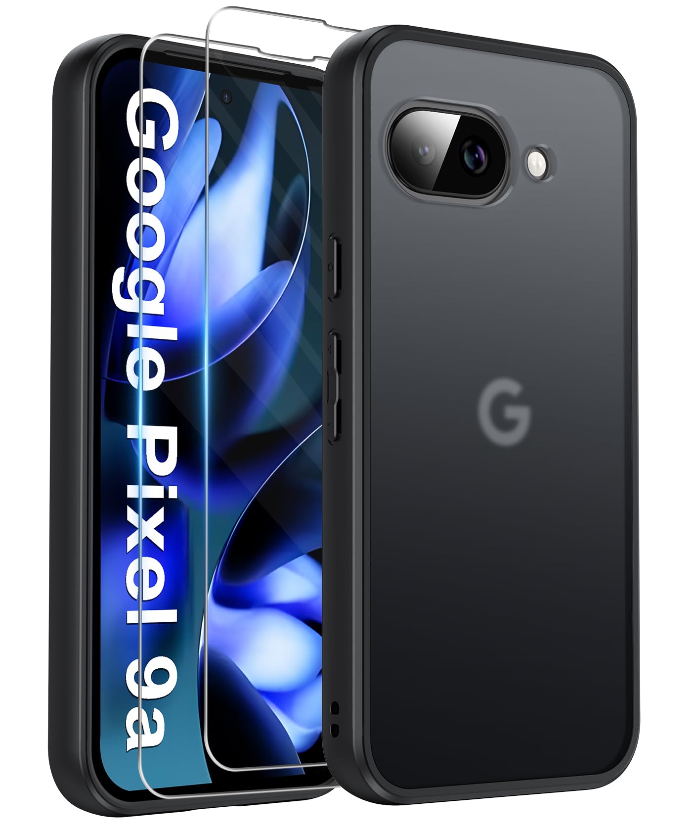 FLLAO Matt Handyhülle für Google Pixel 9a Hülle und 2 Schutzfolie, mit Kameraschutz [Militärnorm Schutz] urchscheinende PC Rückseite TPU Bumper Hülle für Google Pixel 9a- Schwarz