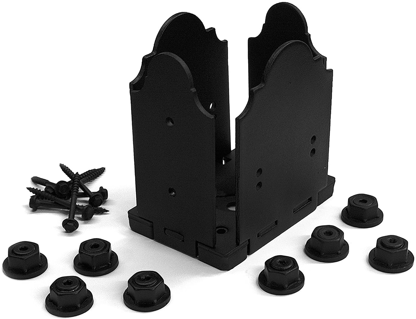 OZCO Laredo Sunset Post Base Kit, 4in x 6in, 1 Kit with Hardware, Black | Hot dipped galvanized powder-coated steel, Fits 4in x 6in wood posts, Raised base protects decks, pergolas, pavilions