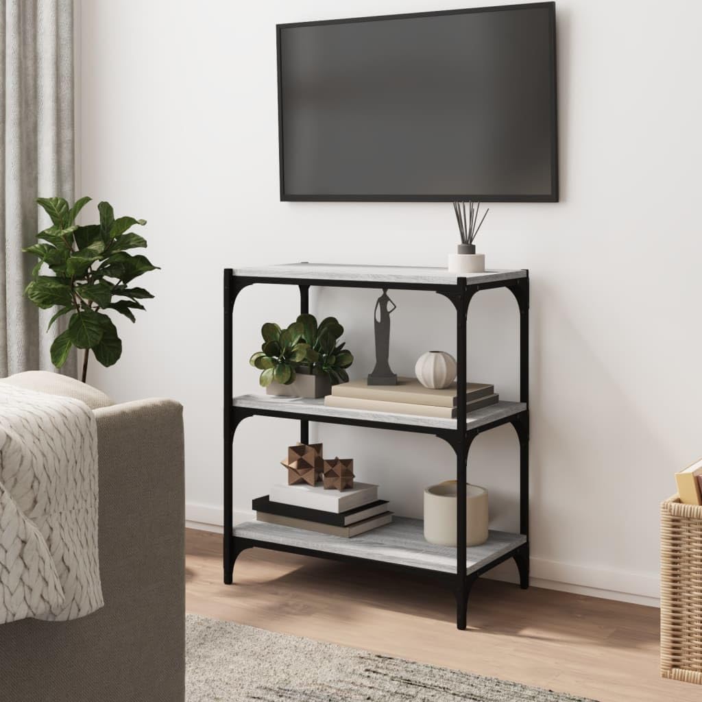Bücherregal Grau Sonoma aus Holzwerkstoff und Stahl 60x33x70,5 cm mit 3 Ablagen Stauraum und Ablagefläche als Regal für Wohnzimmer, Büro, Schlafzimmer, modernes Regalsystem