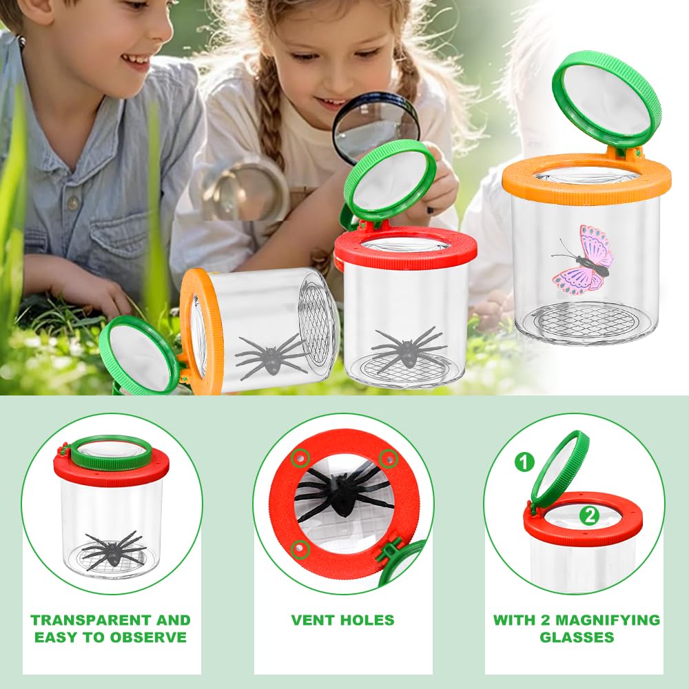 4 Stück Becherlupen für Kinder Becherlupe Lupenglas für Kinder Set Insekten Viewer für 3-Fach/6-Fach Lupenbecher Set Insektenfänger mit Pinzette Kleinkindspielzeug für Outdoor Natur Erkundung