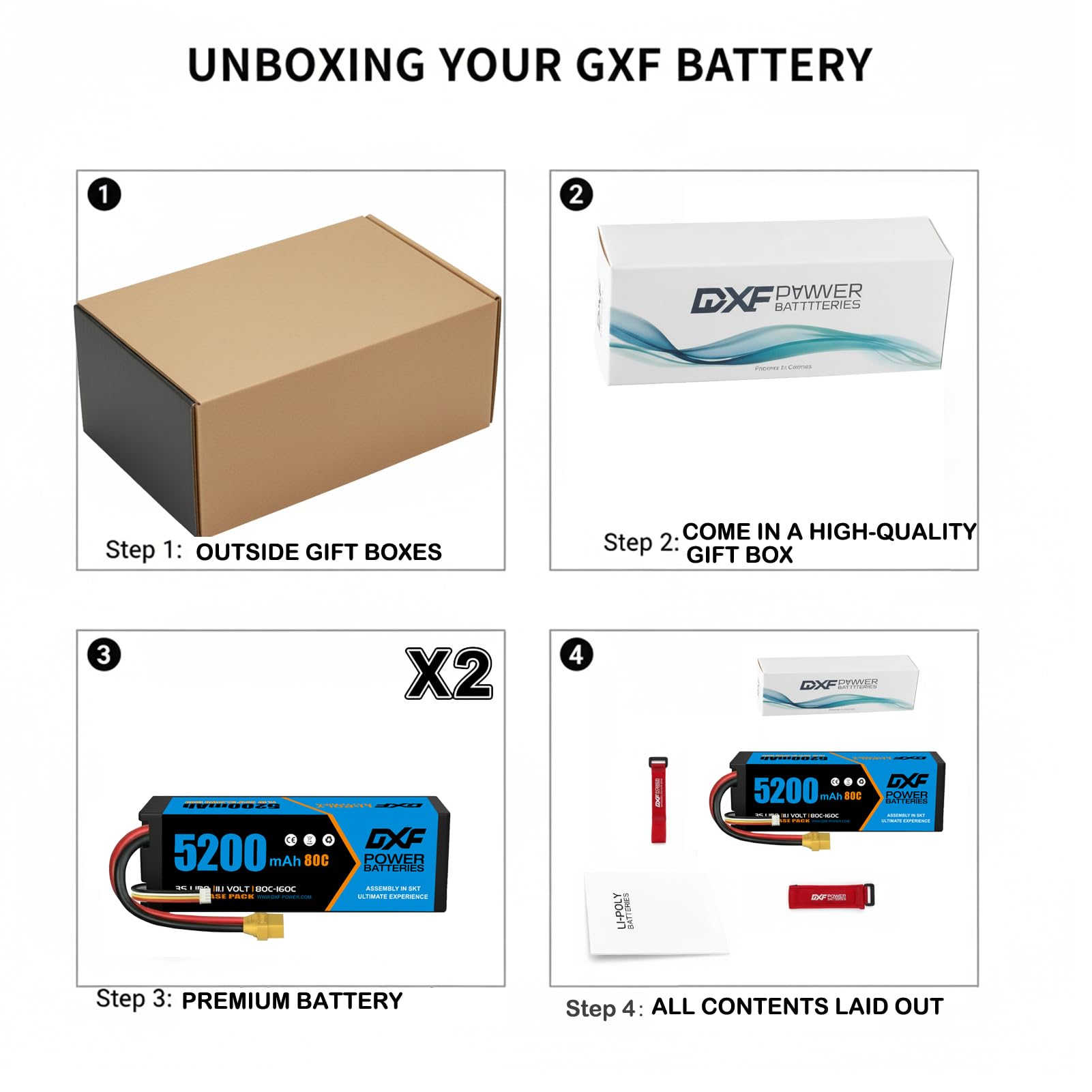 DXF Batteria LiPo 3S da 11,1 V, 5200 mAh, 80 C, confezione da 2 pezzi con connettore XT90, batteria rigida per RC auto, camion, barca, elicottero, aereo, quadricottero, modellismo, scarica ad alte