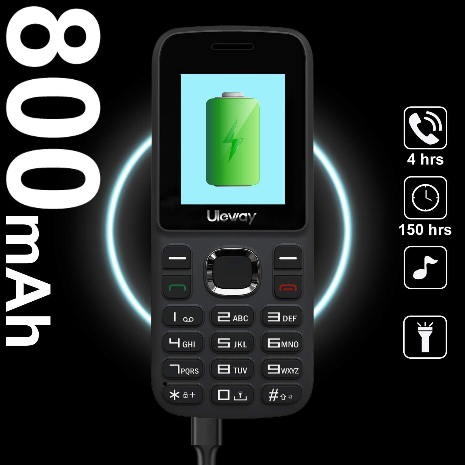 Image showing the Uleway W550 phone connected to a charger, with a large 800 mAh battery icon and charging status displayed on the screen.