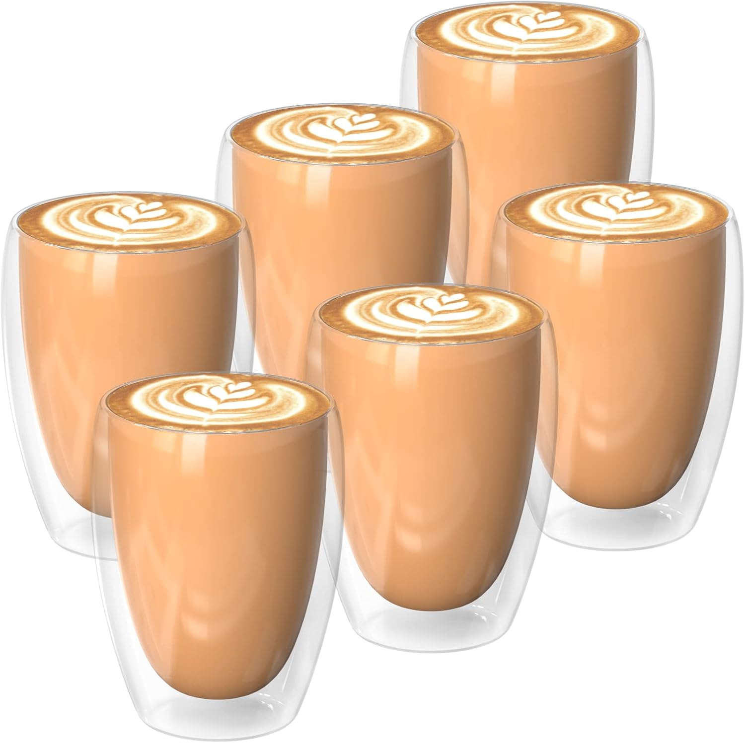 Sosayet 6 x 350ml Vasos Cafe Cristal, Vasos de Doble Pared Transparente, Tazas de Vidrio Borosilicato para Té,Café,Leche,Latte,Macchiato