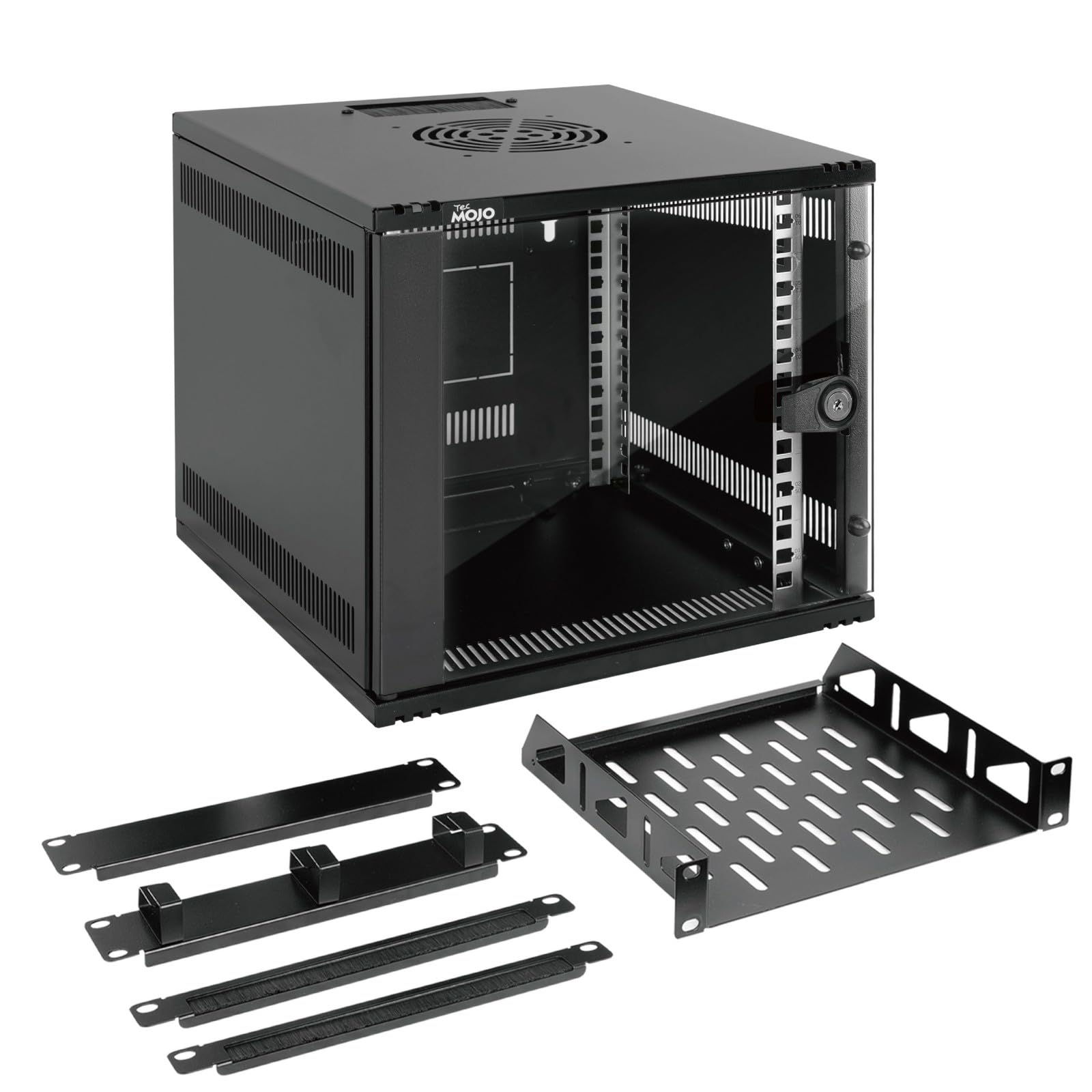 Tecmojo 6U Wall Mount Server Data Cabinet, 10in Wide 300mm Depth Network Cabinet with Rack Shelf, Brush Panels, Cable Organizer for 10'' AV/IT/Data Devices, 44lbs(20kg) Capacity, Glass Door