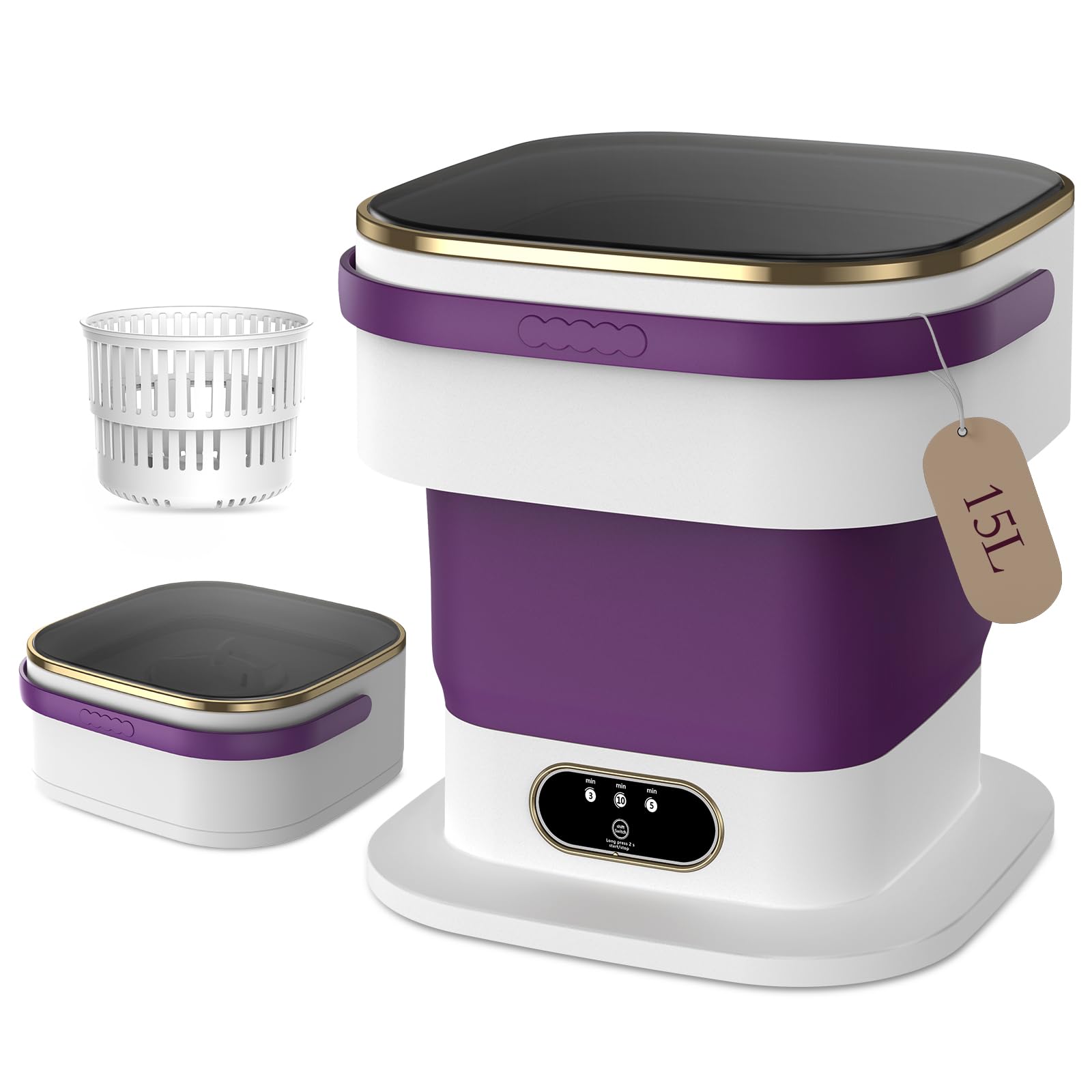 lavatrice portatile, mini lavatrice potenziata da 15 litri, 3 programmi di lavaggio con centrifuga, pulisce a fondo i piccoli indumenti, pieghevole, ideale per appartamenti, case e campeggi. (viola)
