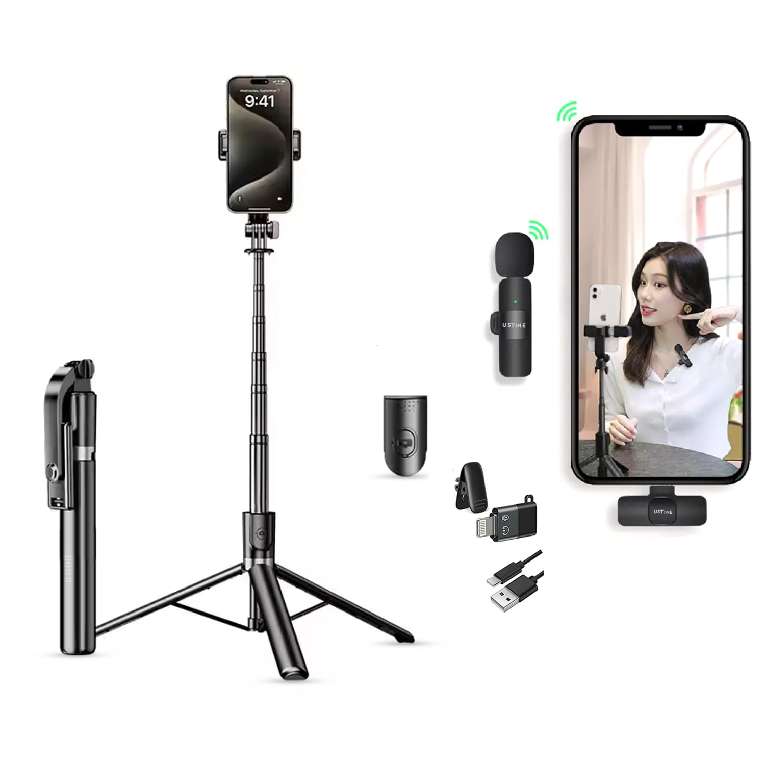 USTINE® SnapX1 L Vlogging Kit with Wireless Mic | 3-in-1 170cm Long Extendable Selfie Stick Tripod Stand with Bluetooth Remote + K8 Mic for YouTube, Reels & Vlogs (Android/iPhone)-image-47