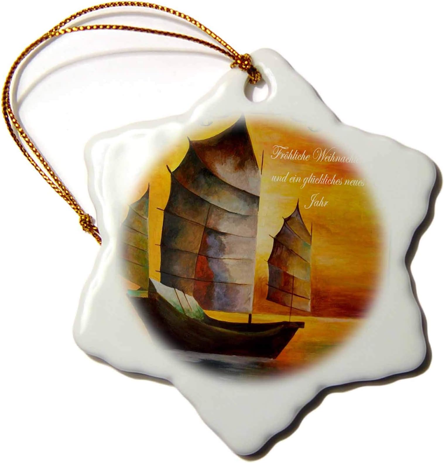 3dRose Chinese Boats- sail Boat, Acrylic Painting, Sails,junks, Brown. - Ornaments (orn-78706-1)