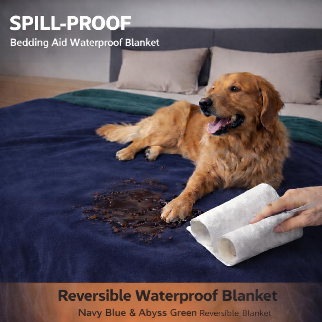 Queen Size Waterproof Blanket – Stain-Proof, Spill-Proof Flannel Blanket for Bed, Couch, Kids & Pets Protection, Reversible Splash-Proof Design (Navy Blue & Abyss Green, 80x90)