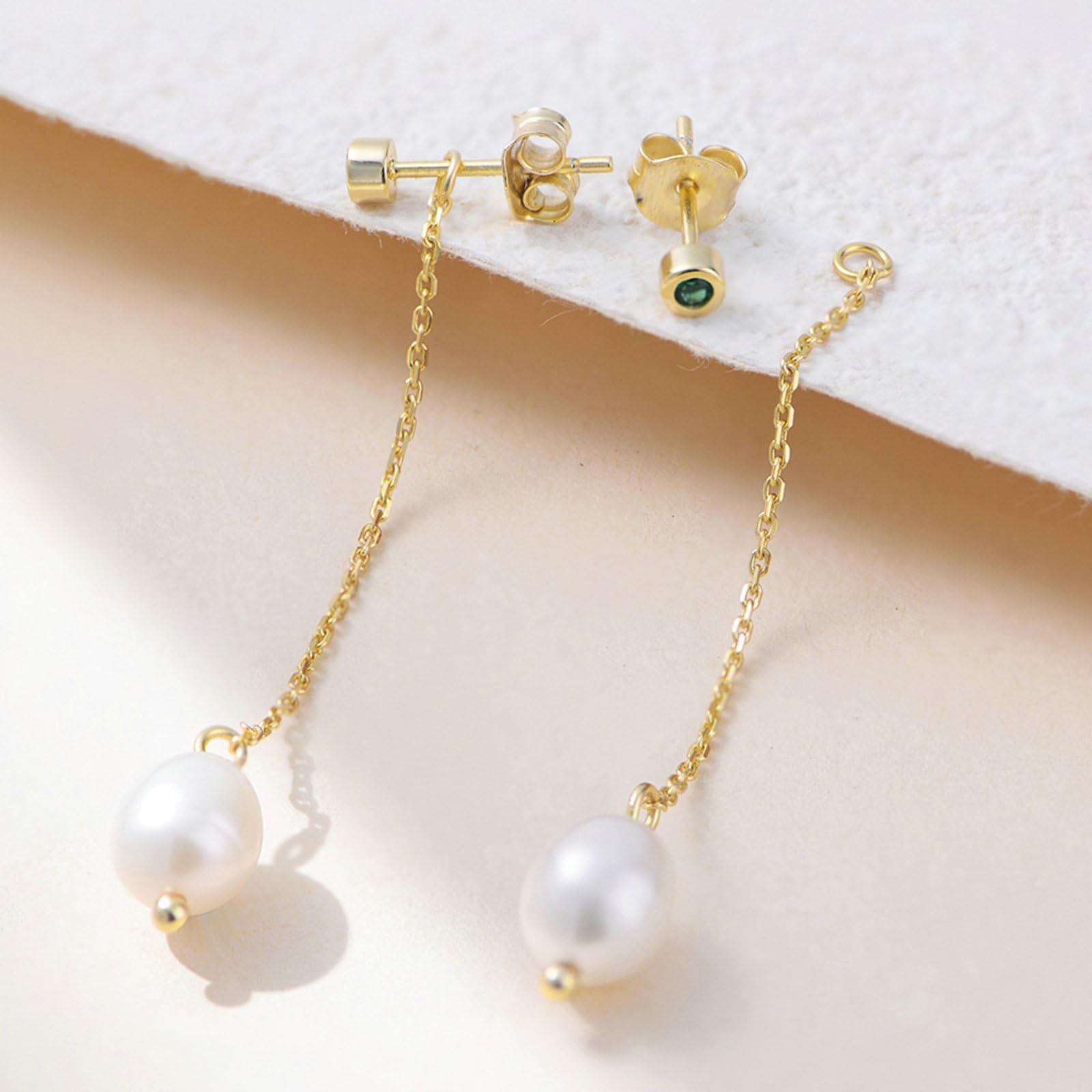 Orecchini lunghi da donna, in oro 9/14/18 carati, da appendere, 6 x 8 mm, con perle d'acqua dolce