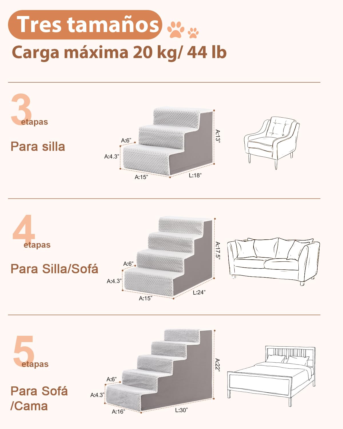 KSIIA Escalera para Perros pequeños de 33 cm, Funda Lavable, rampa Antideslizante para Cama y sofá, Gris