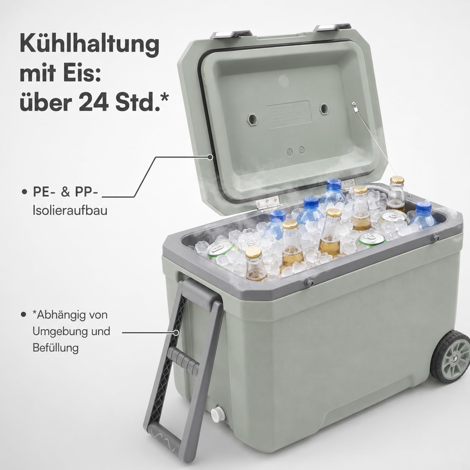 Borsa frigo con ruote, da campeggio, 45 litri, con manico telescopico e 2 ruote, isolamento dal freddo per 24 ore, portabicchieri integrato, per picnic, barbecue, verde