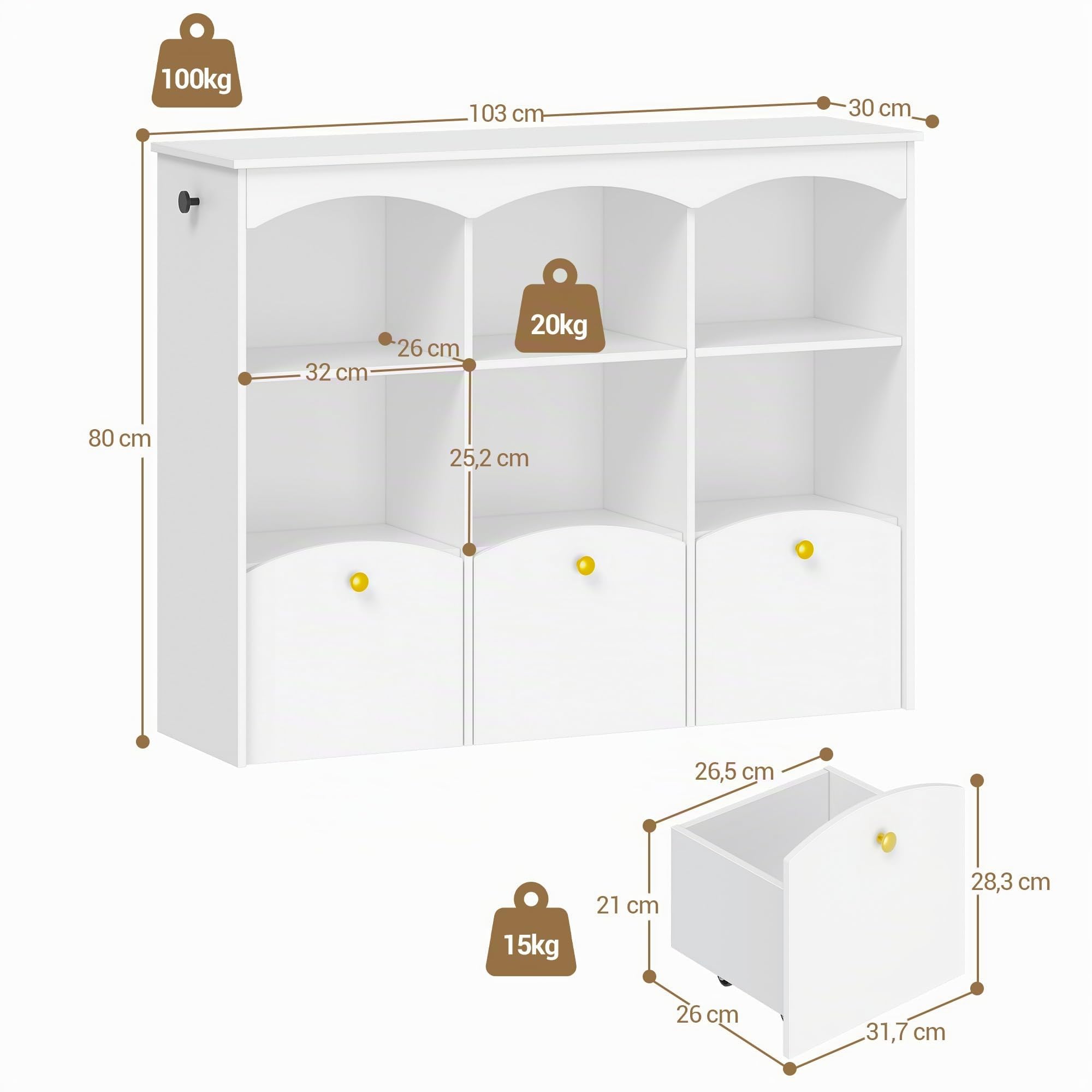 Hzuaneri Kinderregal 103 cm Breite, Kinderzimmer Möbel Weiß | Kinderregal mit 3 Rollboxen, 6 offene Fächer, Spielzeug Aufbewahrung, für Kinderzimmer Wohnzimmer, 30 x 103 x 80 cm, KB33303X