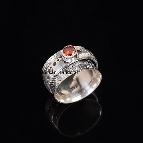Miniatura 4 de Garnet Spinner Ring/Pure 925 Sterling Silver Spinning Ring/January Birthstone Ring/Meditation Fidget Ring/Love Heart Leaf Floral Handmade Spin