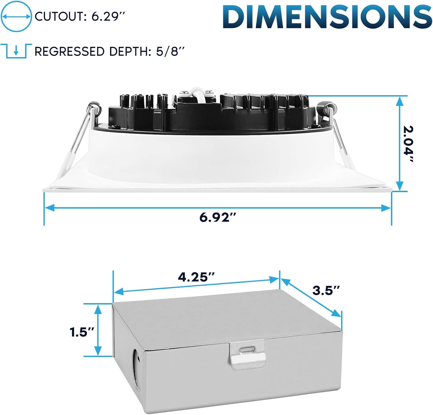 LUXRITE 6 Inch Square LED Recessed Ceiling Light with Junction Box, 18W, 5CCT Selectable 2700K/3000K/3500K/4000K/5000K, 1800LM High Brightness, Dimmable Canless Downlight, Wet Rated, IC Rated, ETL