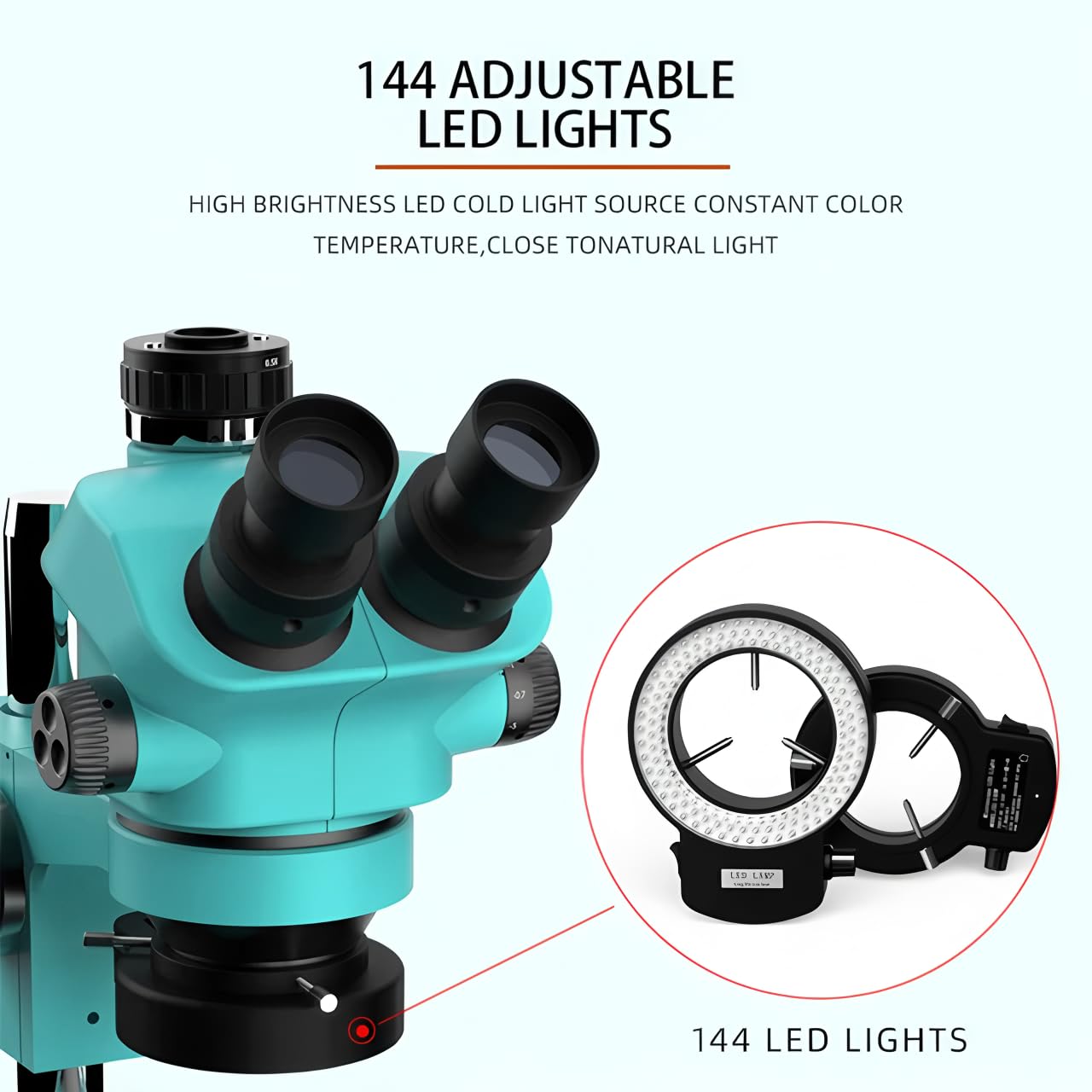 Cabeza trinocular de microscopio con Zoom Continuo WF10X/22mm y Enfoque simultáneo 7-50X, para Soldadura de PCB y teléfonos (RF-7-50X 0.5CTV LED)