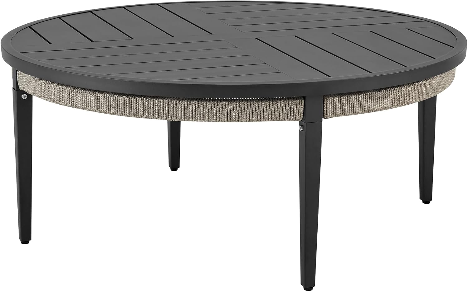 Armen Living Zella Round Coffee Table in Aluminum with Charcoal Finish and Light Gray Rope