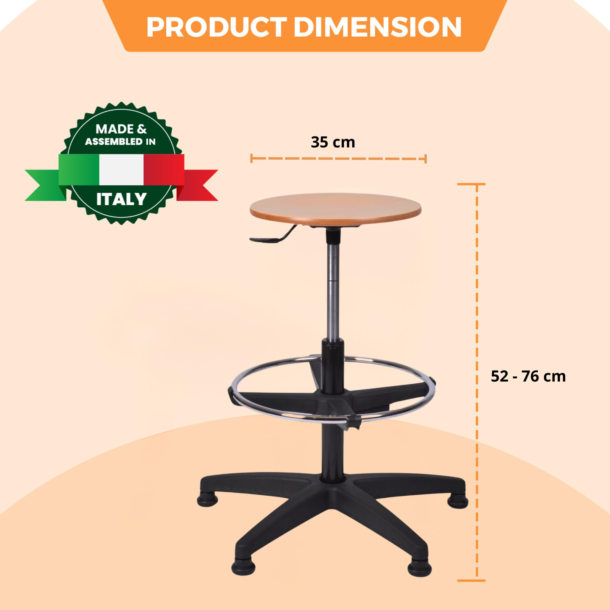 topsit Taburete giratorio de trabajo IND000016 de madera, altura regulable y fácil de limpiar, taburete de laboratorio, anillo de pie cromado, base y patas estables.