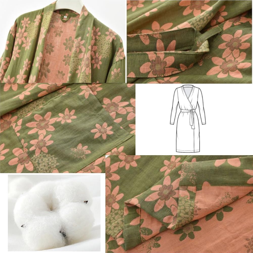 PRINCESS BRIDE Cotton Gauze Partial Lapel Traditional Pajamas Soft Nightgown Breathable Kimono Absorbent Bathrobe Spa Yukata, L, Green-pink - Image 3