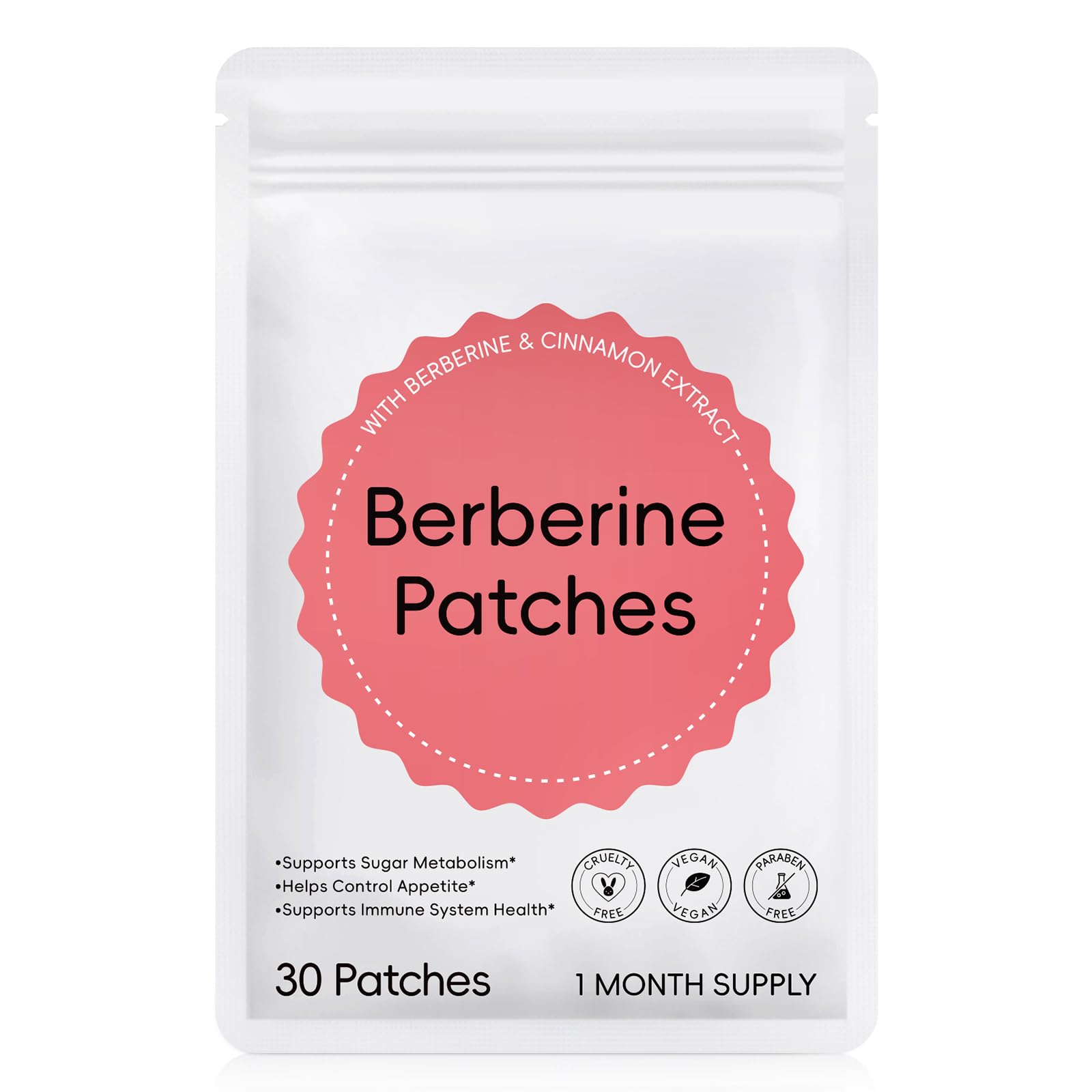 Berberine Patches for Women & Men, with Cinnamon, Chromium, L-Glutamine, Pomegranate, 8-Hour Long-Lasting Formula, Multi-Position Application, Vegan, Latex-Free, 30 Count 1pcs