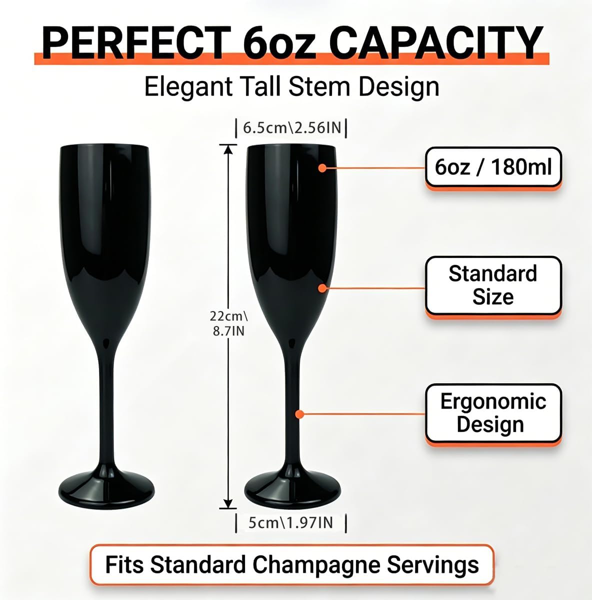 40 Pcs Black Plastic Champagne Flutes,6 oz Unbreakable
