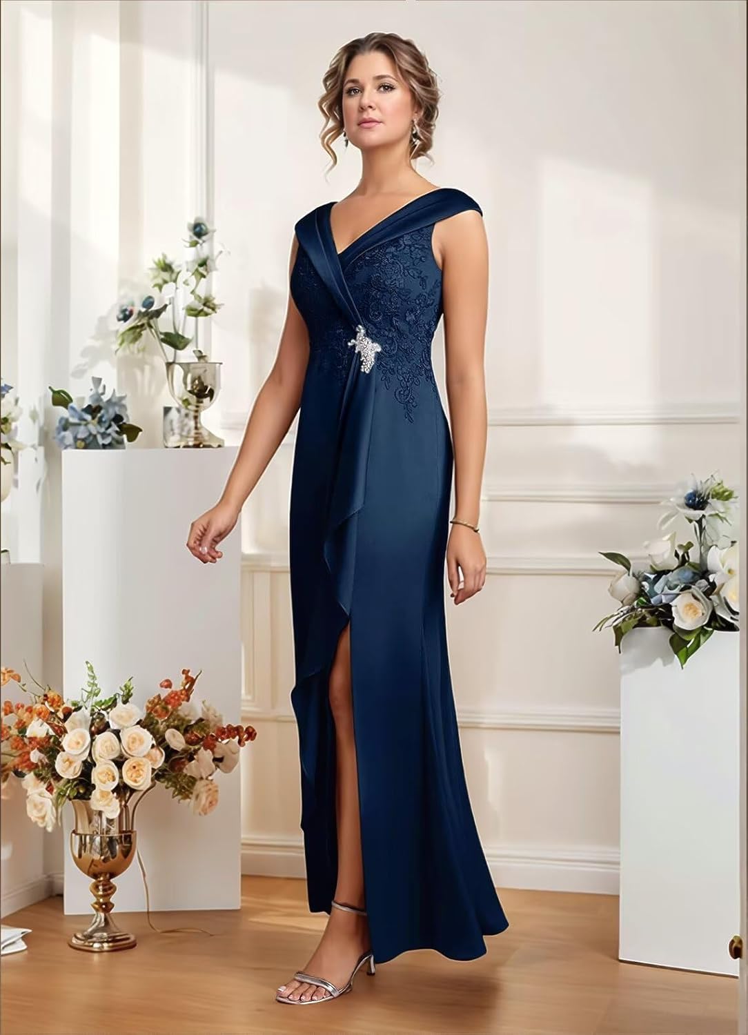 cantcauli V Neck Mother of The Bride Dress for Wedding Satin Lace Appliques Ruffles Mother of The Groom Dress CT172