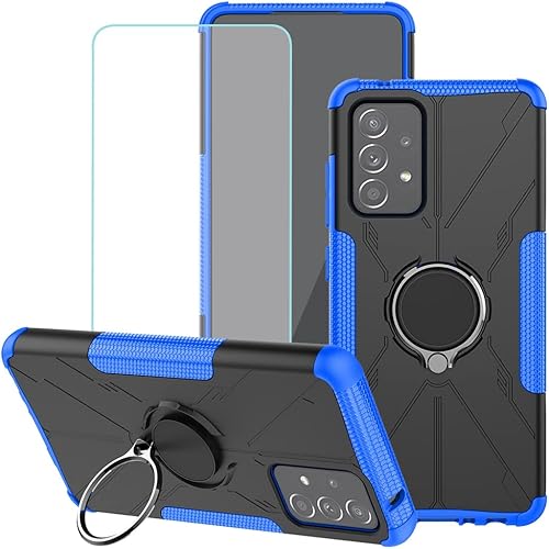 Funda compatible con Galaxy A52  Galaxy A52S 5G con protector de pantalla de vidrio templado, función atril y anillo magnético integrado de rotación