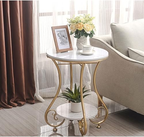 Miniatura 7 de Mesa de Centro - Mesa auxiliar redonda con estante moderna de 2 niveles con parte superior de mármol, mármol sintético y patas de metal resistentes,