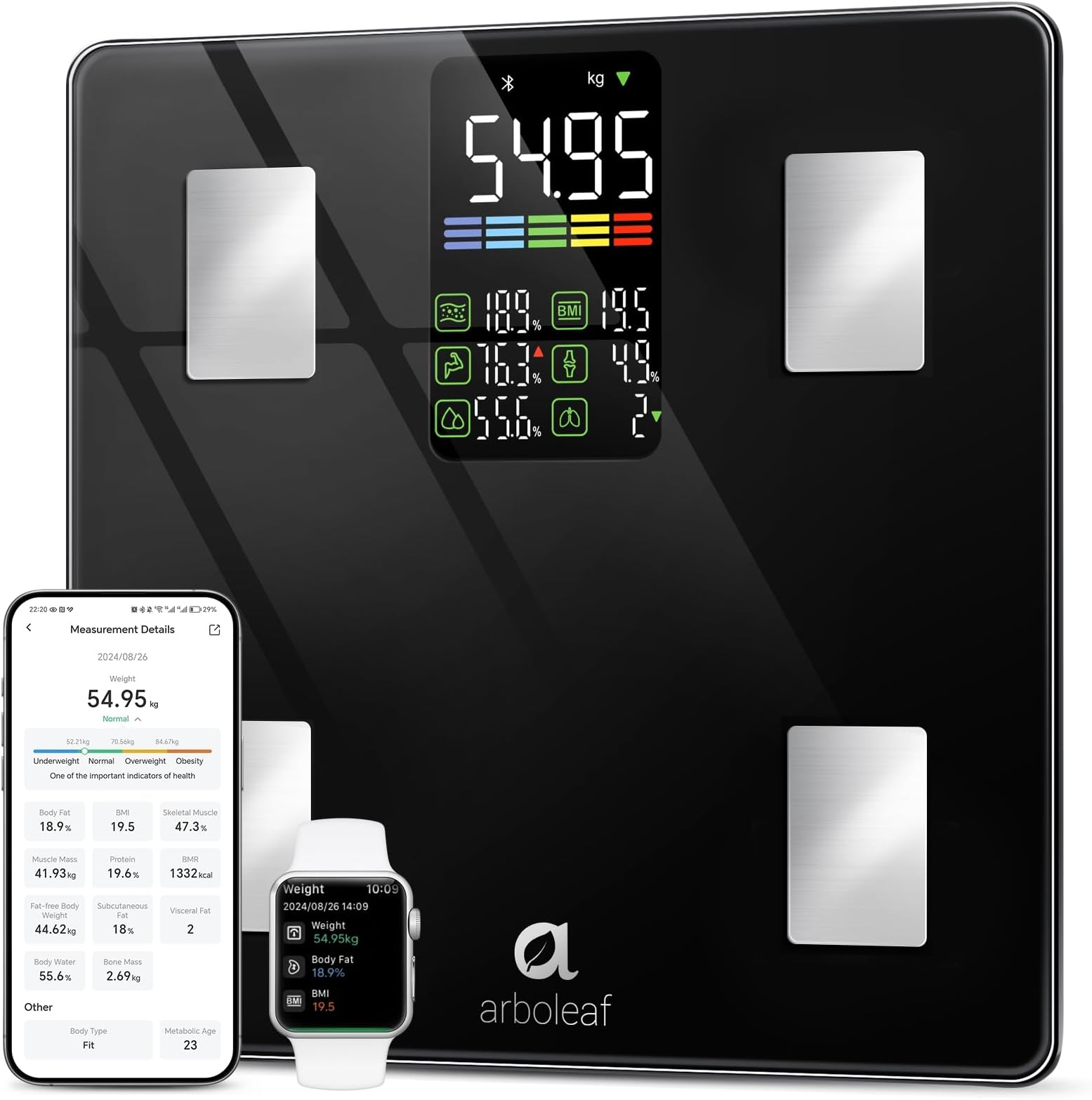 arboleaf Scale for Body Weight and Fat, High Accuracy Digital Smart Bathroom Scales, Large LED Display Weight Scale for BMI Muscle, 14 Body Composition Analyzer, 500lbs