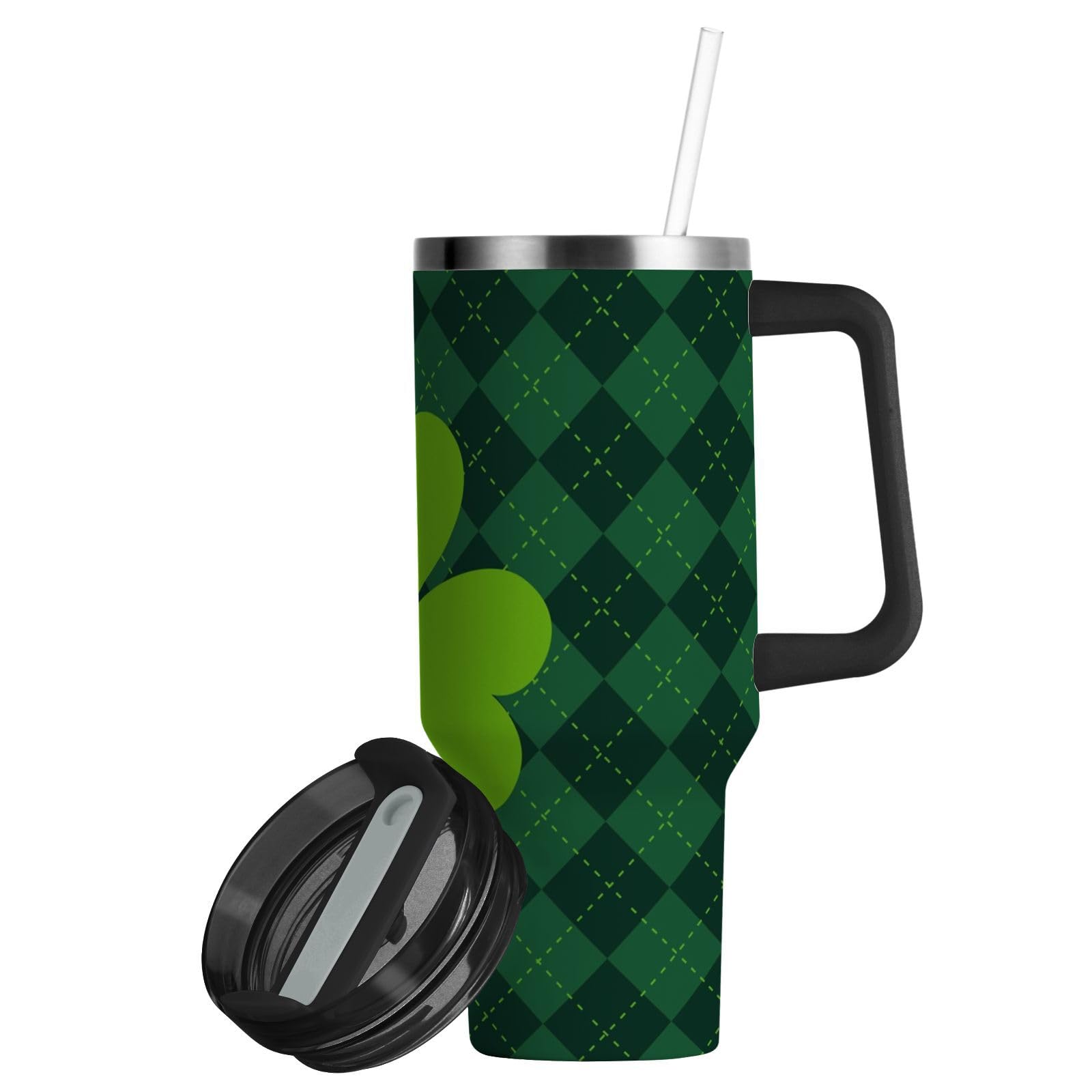 Isolierter Trinkbecher mit grünem Kleeblatt, doppelwandige Edelstahl-Wasserflasche, Kaffeetasse, Reisebecher mit Griff, Strohhalm-Deckel