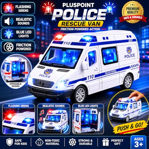 Image of PLUSPOINT Police Bus Friction Powered with Lights Sounds Push and Go Rescue Durable Friction Toy for Kids SWAT Bus Pretend Play Cop Toy for Boy Girl Toddlers