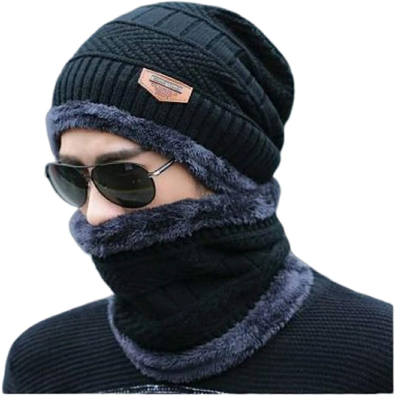 Stylish Men Woolen Beanie Cap | Winter Knit Hat & Scarf Set | Cold Weather Accessory | Lightweight & Warm Winter Cap (Black)-image-30